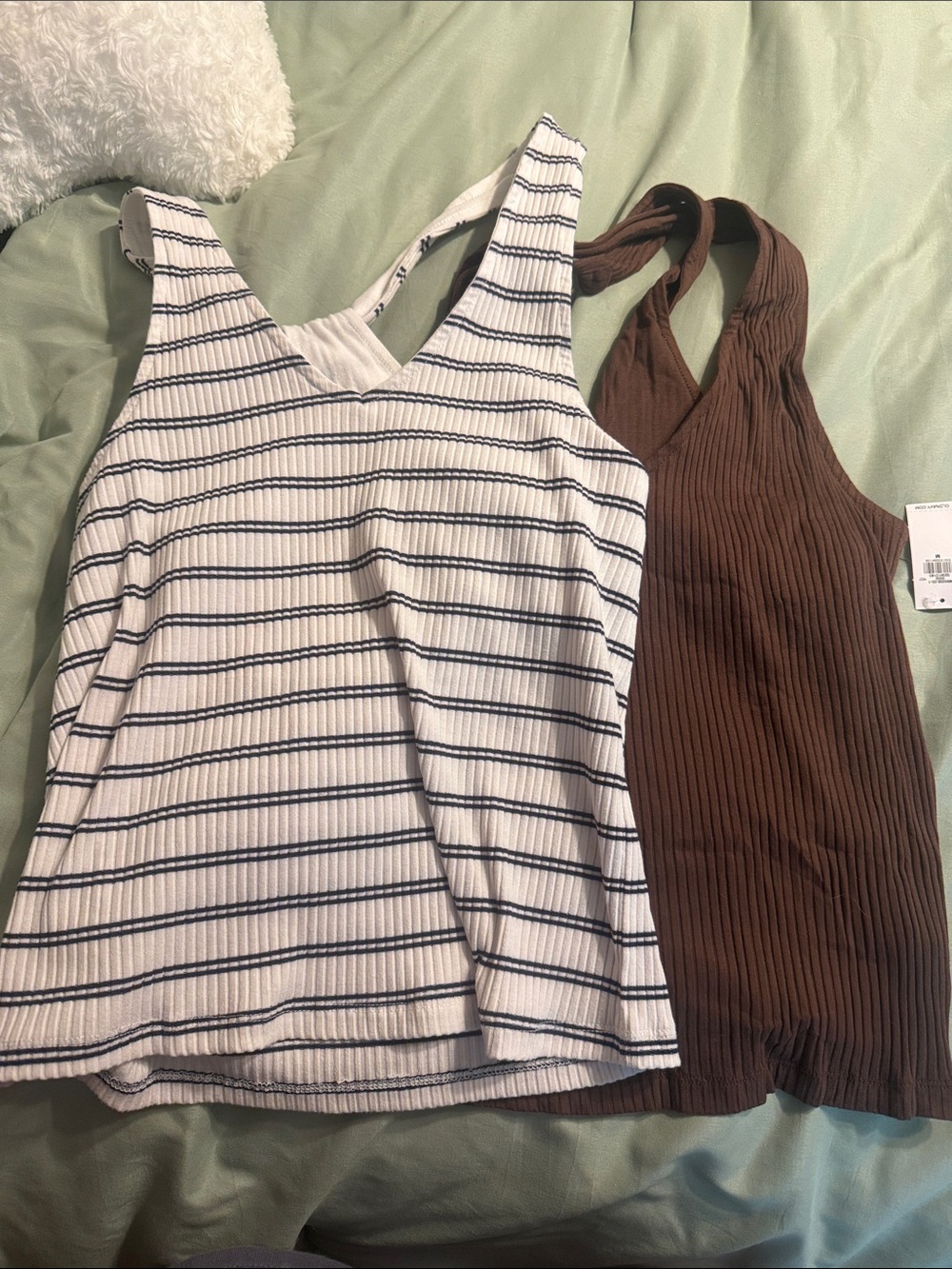 Old Nacy Striped White & black Ribbed Tank + Solid Brown Ribbed Tank